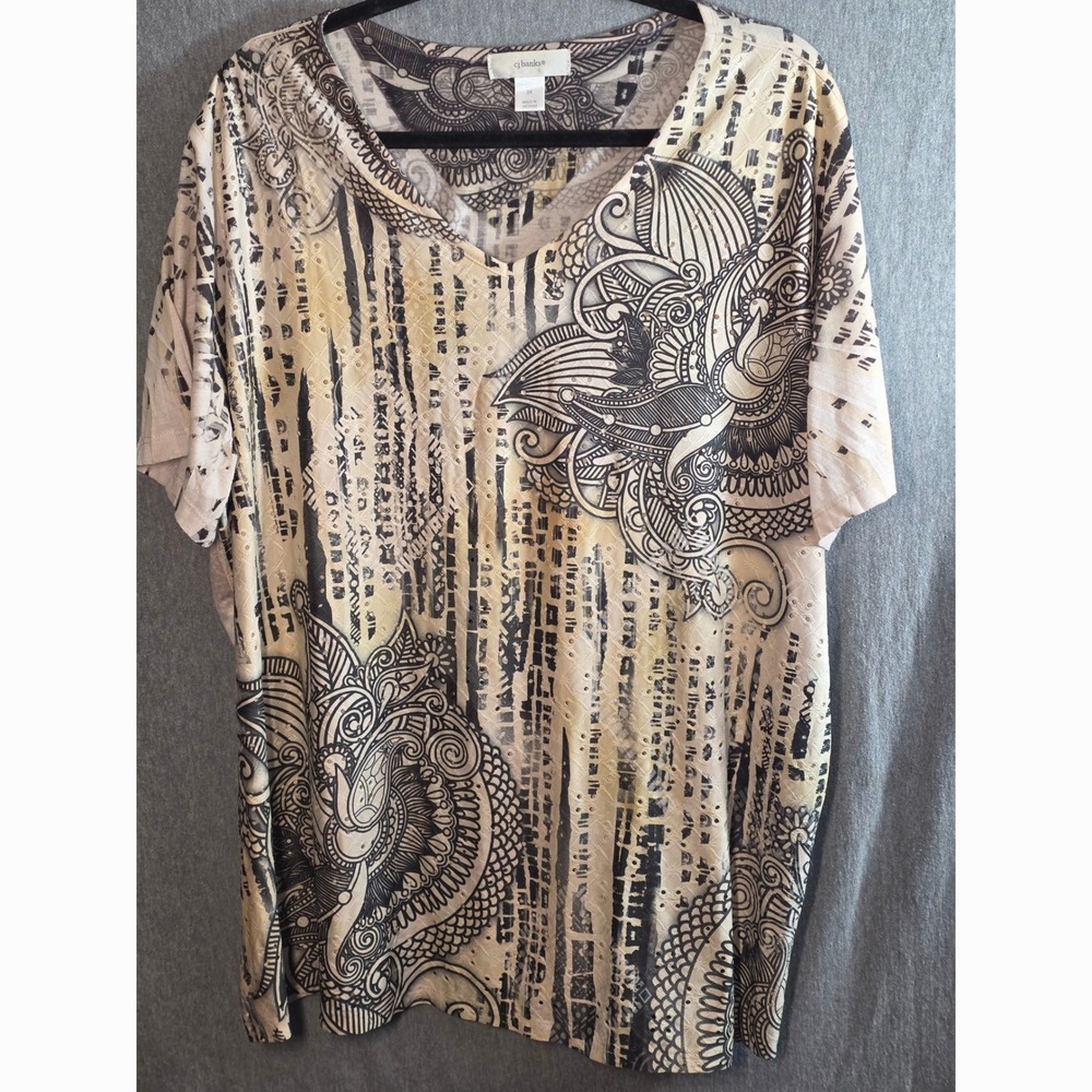 CJ Banks Top Plus Size 3X Eyelet Beige Paisley Abstract Short Sleeve Pullover